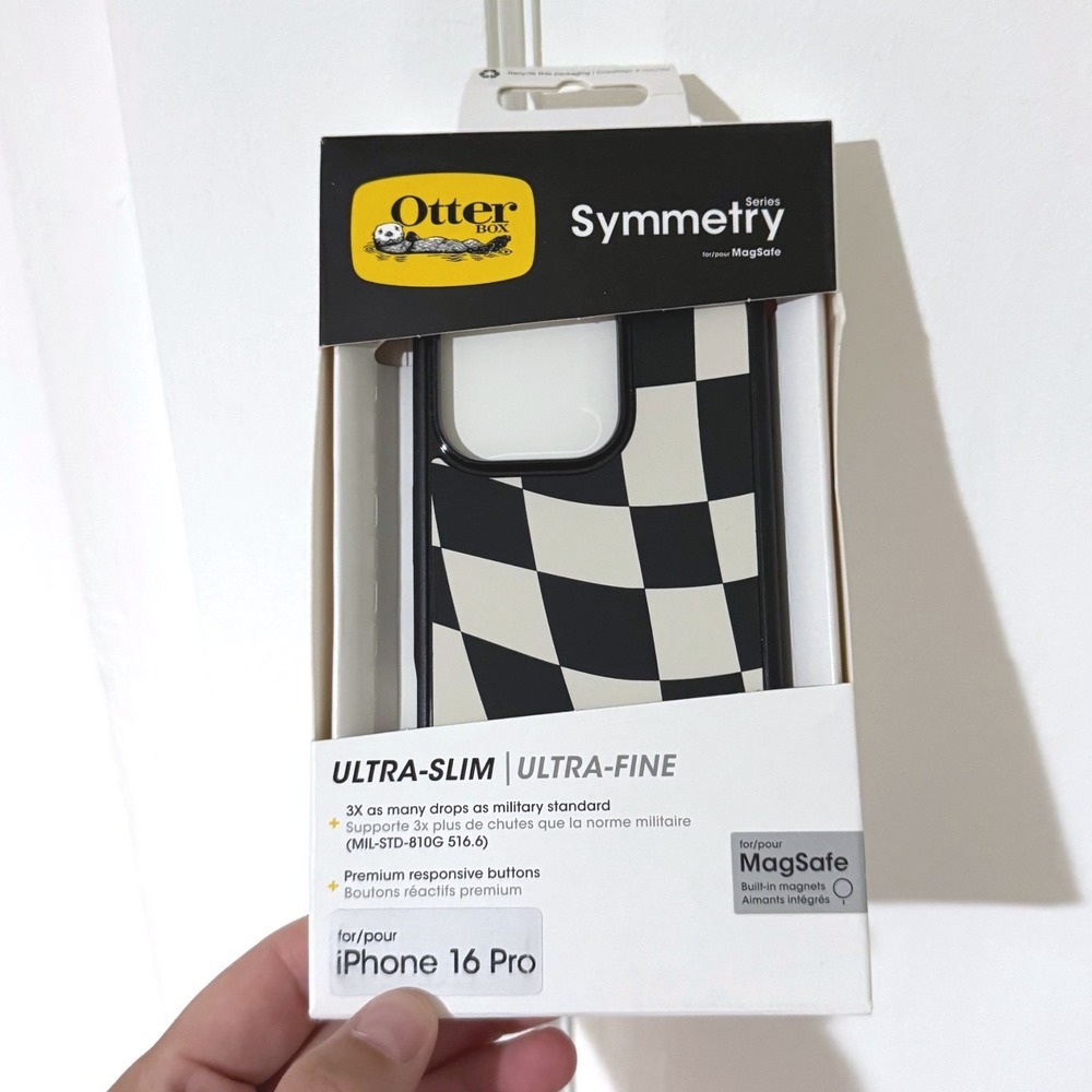 OtterBox Symmetry Series MagSafe iPhone 16 Pro Case Black White Checkered Slim